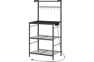 MAHANCRIS Bakers Rack with Storage, Microwave Stand with Power Outlet, Kitchen Storage Shelf with 6 Hooks, Coffee Bar Station 4 Tier, for Kitchen, Dining Room, Black BRBK35E01