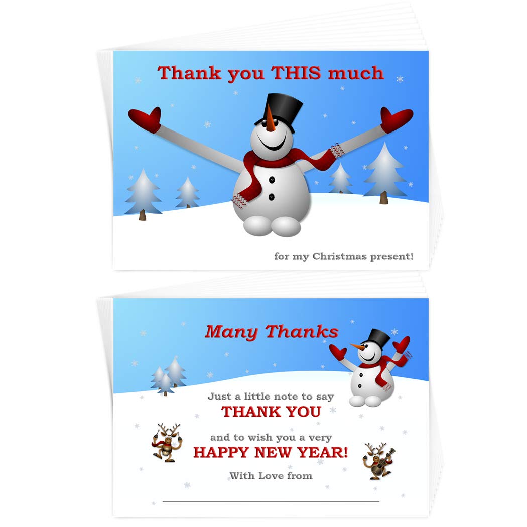 Christmas Thank You cards Notes Notelets - Pack of 24 with envs - Thanks Xmas Gift Present Wishes - Children, Kids Adults - Happy New Year - Pre-Printed message Just Sign - Eco-Friendly - Made in UK