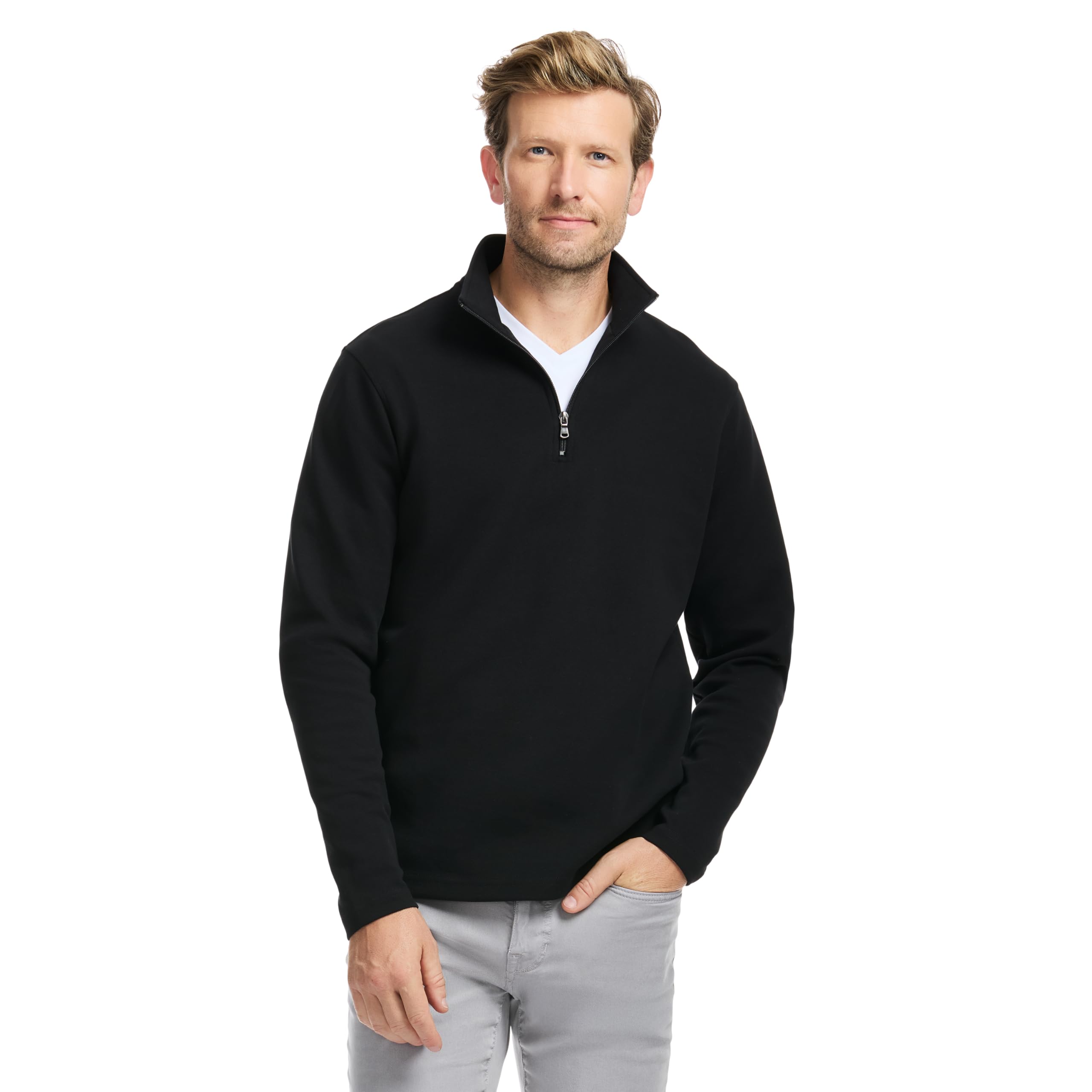 SAKS Fifth Avenue Men’s Pique Quarter-Zip Pullover, Premium Cotton Blend Knit Top, Classic-Fit & Richly Detailed, Black, L