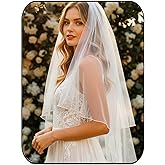 HEREAD 2 Tier Wedding Veils for Brides Waist Length Short Bridal Tulle Hair Accessoies with Comb and Pencil Edge (White)