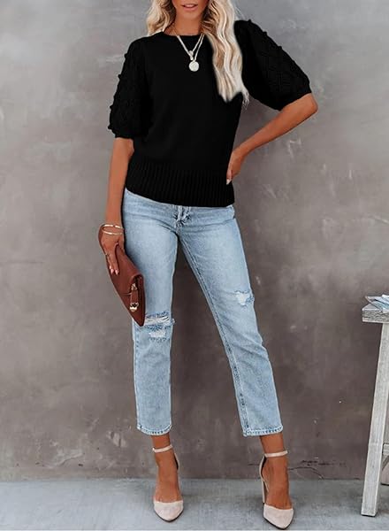 DOKOTOO WOMENS 2024 SPRING SUMMER PUFF SHORT SLEEVE SWEATER TOPS CREWNECK BASIC KNIT PULLOVER TUNIC ROUND NECK T SHIRTS LIGHTWEIGHT SOLID CASUAL FALL SWEATERS TRENDY BLOUSE BLACK SMALL