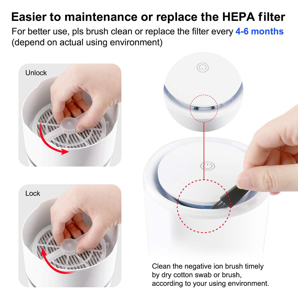 JUD Desktop Air Purifier with 2 True HEPA Filter, Portable Quiet Mini Odor Allergies Eliminator for Small Areas Rooms and Office,Smokers,Smoke,Dust,Mold,Pets, Air Cleaner with Blue Night Light