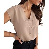 Lynwitkui Women's V Neck Chiffon Blouses Cap Sleeve Shirts Casual Loose Work Office Solid Tops