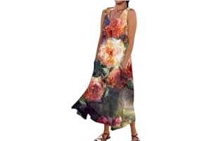 RDEGOOCHA Women 2024 Summer Tank Dress Sleeveless U Neck Printed/Solid Boho Beach Shirt Maxi Flowy Linen Cotton Dresses with Pocket