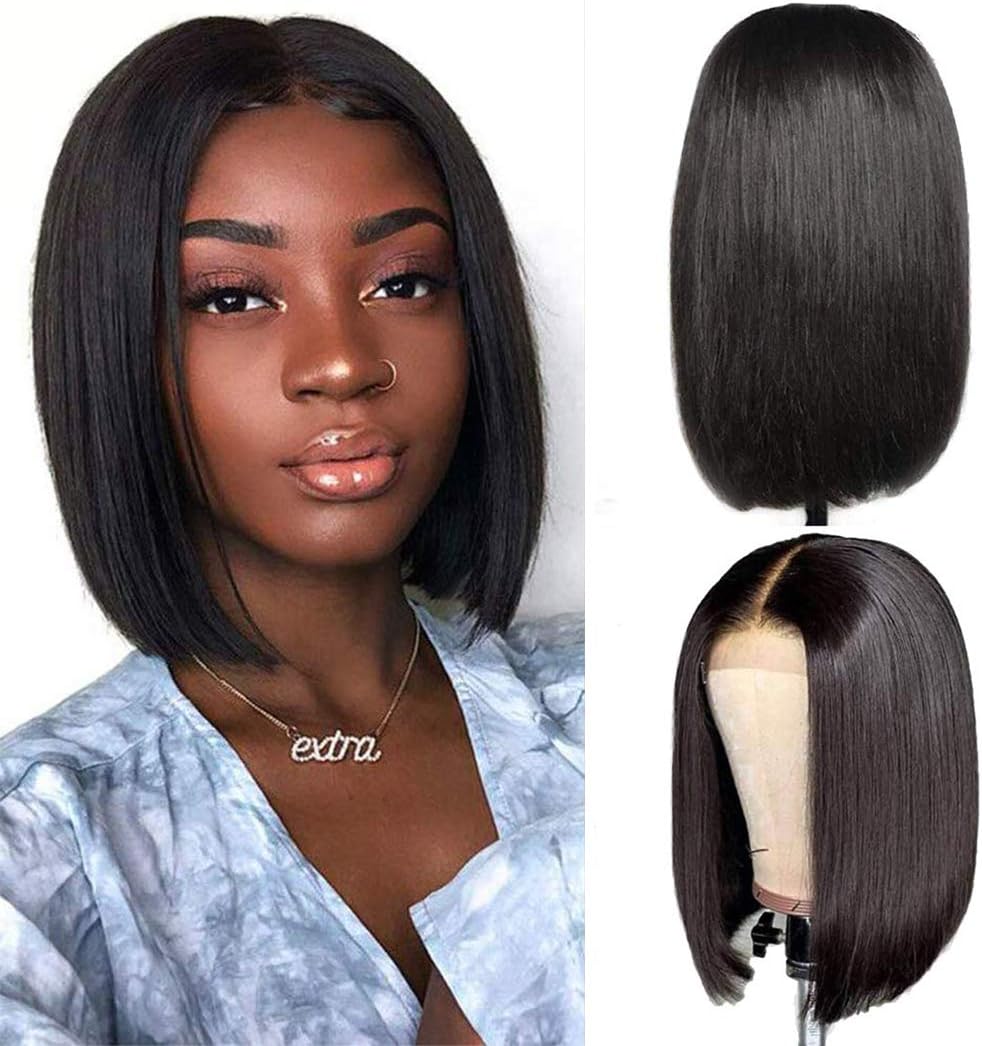 Bestsojoy 10A Short Bob Straight Lace Front Wigs Human Hair With Baby Hair 150% Density Glueless Brazilian Virgin Straight Human Hair Bob Wigs Pre Plucked For Women (8" Bob, Natural Color)