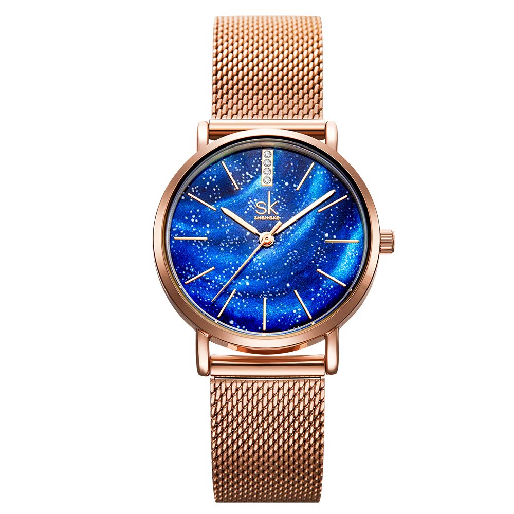 SHENKGE Women Watches Starry Sky Dial Ultra-Thin Stainless Steel Mesh Band Quartz Movement Dress Watches for Girls,Blue