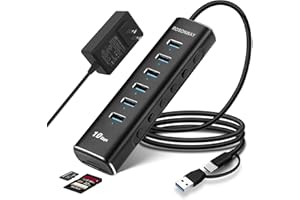Powered USB Hub, Rosonway 8-Port USB 3.2/USB C Hub with 6 USB 3.2 Ports 10Gbps, SD/TF Card Readers, 3.3ft Long Cable and 12V/2A Power Adapter, Aluminum USB Port Expander for Laptop and PC, RSH-A107D