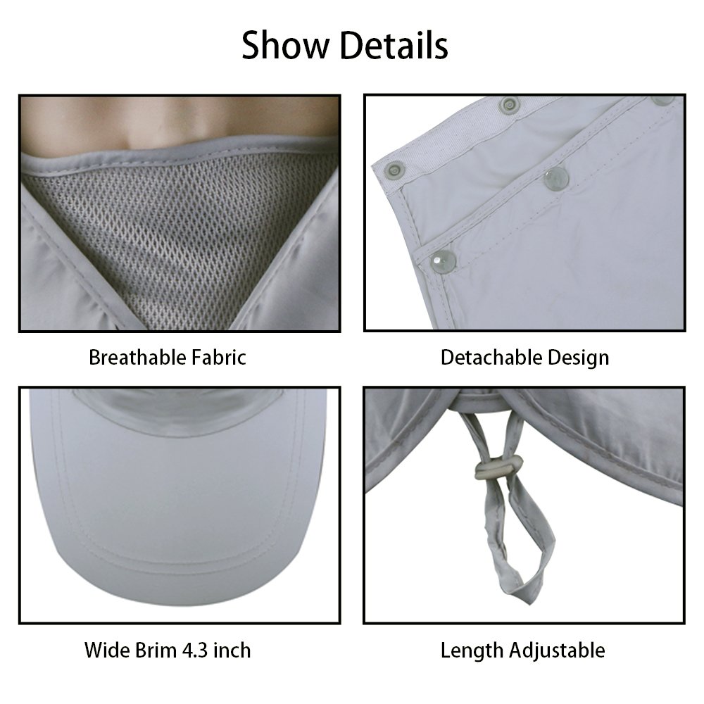 360° UV protection Sun Cap,Dolida Flap Hat Man Women Folding UPF 50+ Sun Cap Adults Removable Neck & Face Flap Cover Cap for Fishing Hiking Garden Work Outdoor Activities Grey