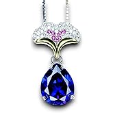 Birthstone Necklace for women - Pear Cut Tanzanite Necklace Ginkgo biloba Pendant - White gold @ Sterling Silver - 3.5 CT Deep Blue gemstone - Diamond Leaf Jewelry #823