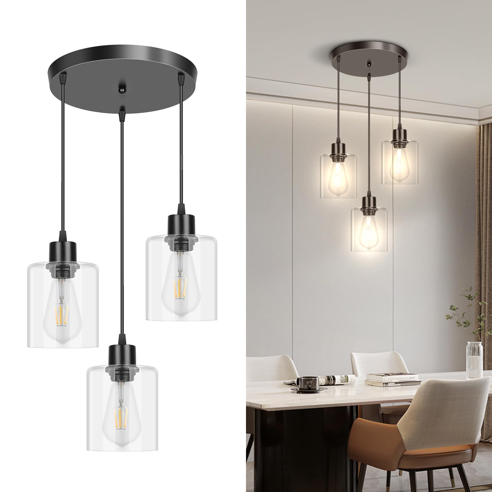 CANMEIJIA 3-Light Pendant Light Fixtures, Black Glass Pendant Lights ...