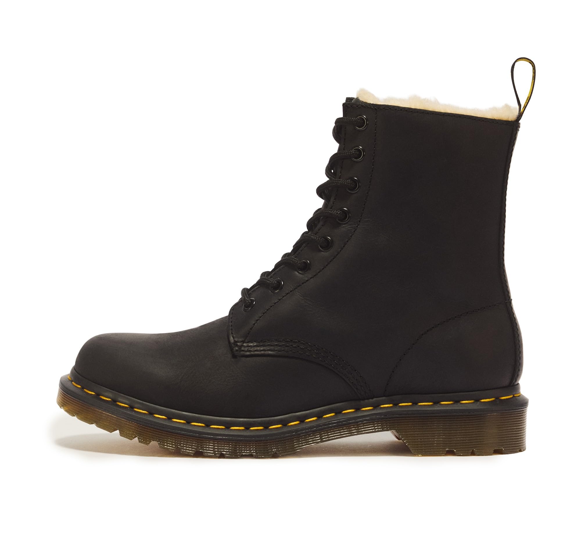 Dr. Martens 1460 Serena, bota de 8 ojales con forro de piel para mujer, Black Burnished Wyoming, 9