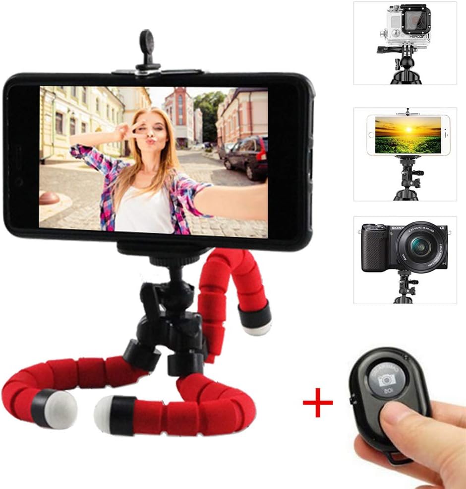 Cell Phone Tripod, Portable and Adjustable Camera Stand Holder with Wireless Bluetooth Remote and Universal Clip 360° Rotating Tripod Compatible with iPhone/Android Phone/Camera (Red)
