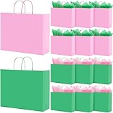 Tiamon 12 Pack Pink and Green Gift Bags Pink and Green Birthday Party Decor DIY Goodie Pouches with Tissue Paper Kraft Paper Candy Bags with Handles for Baby Shower Wedding Party Decorations Supplies
