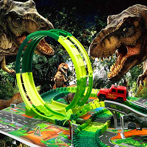 Dinosaur Race Track Toys Set -Single Loop Race Train Track Playset with a 3D Dinosaur Playmat,172 pcs Flexible Tracks and Dino Accessories.