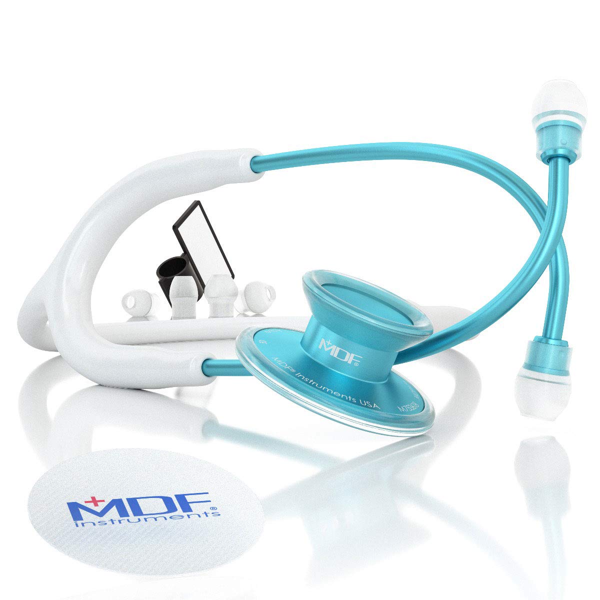 MDF Instruments, Acoustica Lightweight Stethoscope for Doctors, Nurses, Students, Home Health Use, Adult, Dual Head, White Tube, Aqua Chestpiece-Headset, MDF747XPAQ29