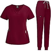 niaahinn Scrub Suit Set for Women Modern V-neck Top & Tapered Leg Jogger Pants with Drawstring Medical Nursing Uniforms Set