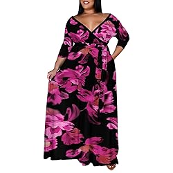 Runwind Plus Size Dress for Women 3/4 Sleeve V Neck