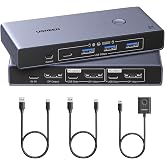 UGREEN 8K@60Hz Displayport KVM Switch 1 Monitors 2 Computers, Aluminum | with 4 USB 3.0 Ports, Support 4K@240Hz, Share One Monitor Keyboard Mouse U-Disk Printer, with 2 USB Cables, no EDID Emulation