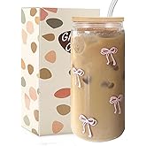 Mikopei Coquette Aesthetic Glass Cups with Lids and Straws - Pink Bow Iced Coffee Cup Decor, Cute Tumbler Smoothie with Cleaning Brush&Gift Box, Gifts for Girls Women Friends, 16 oz