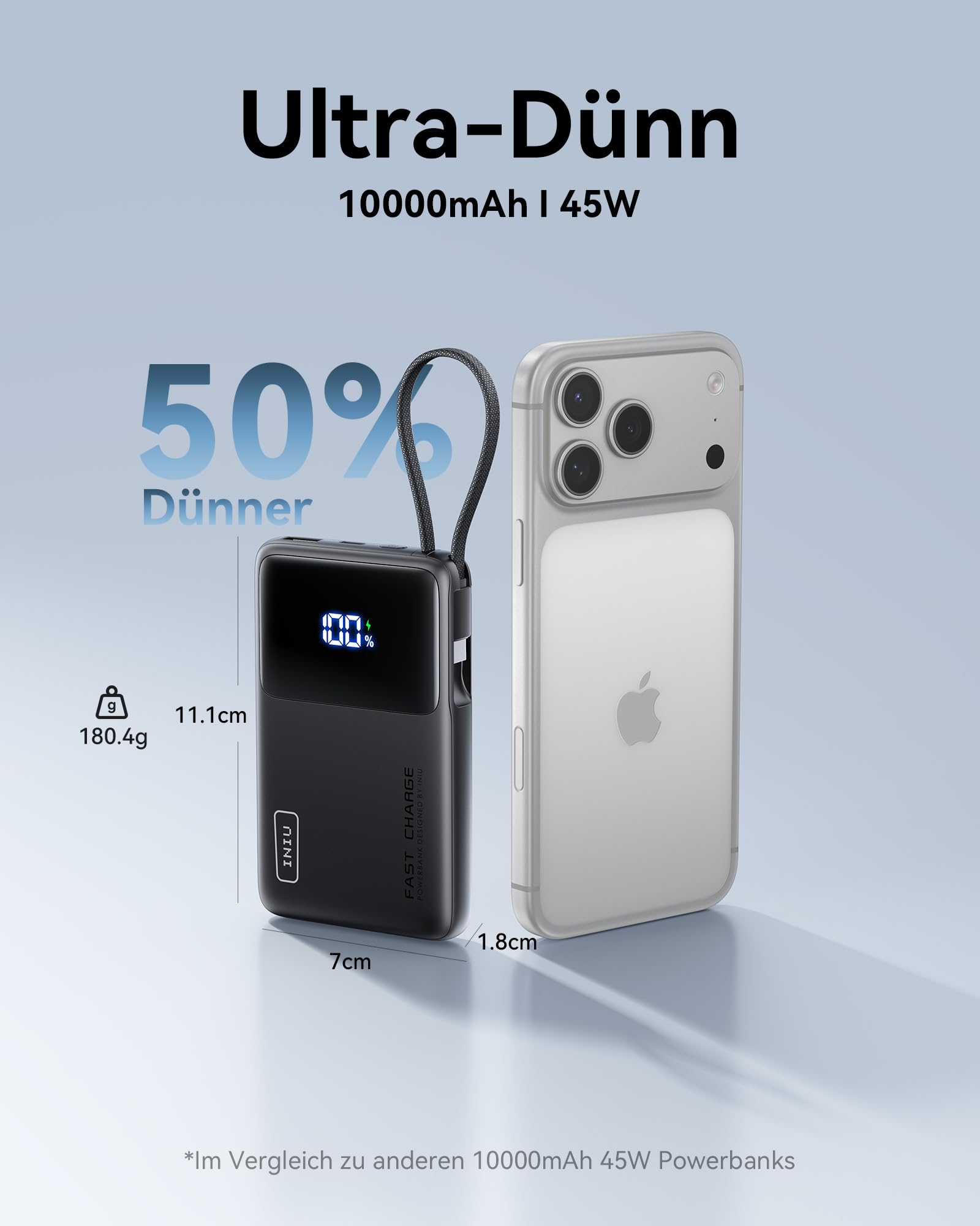 INIU Power Bank, 10000mAh Ultra-dünn 45W Schnellladen Powerbank mit USB C Kabel, Klein und Stark Externe Handyakkus, Flugtauglich, Camping Zubehör für iPhone 17-12, Samsung S25, Xiaomi, iPad etc. 2