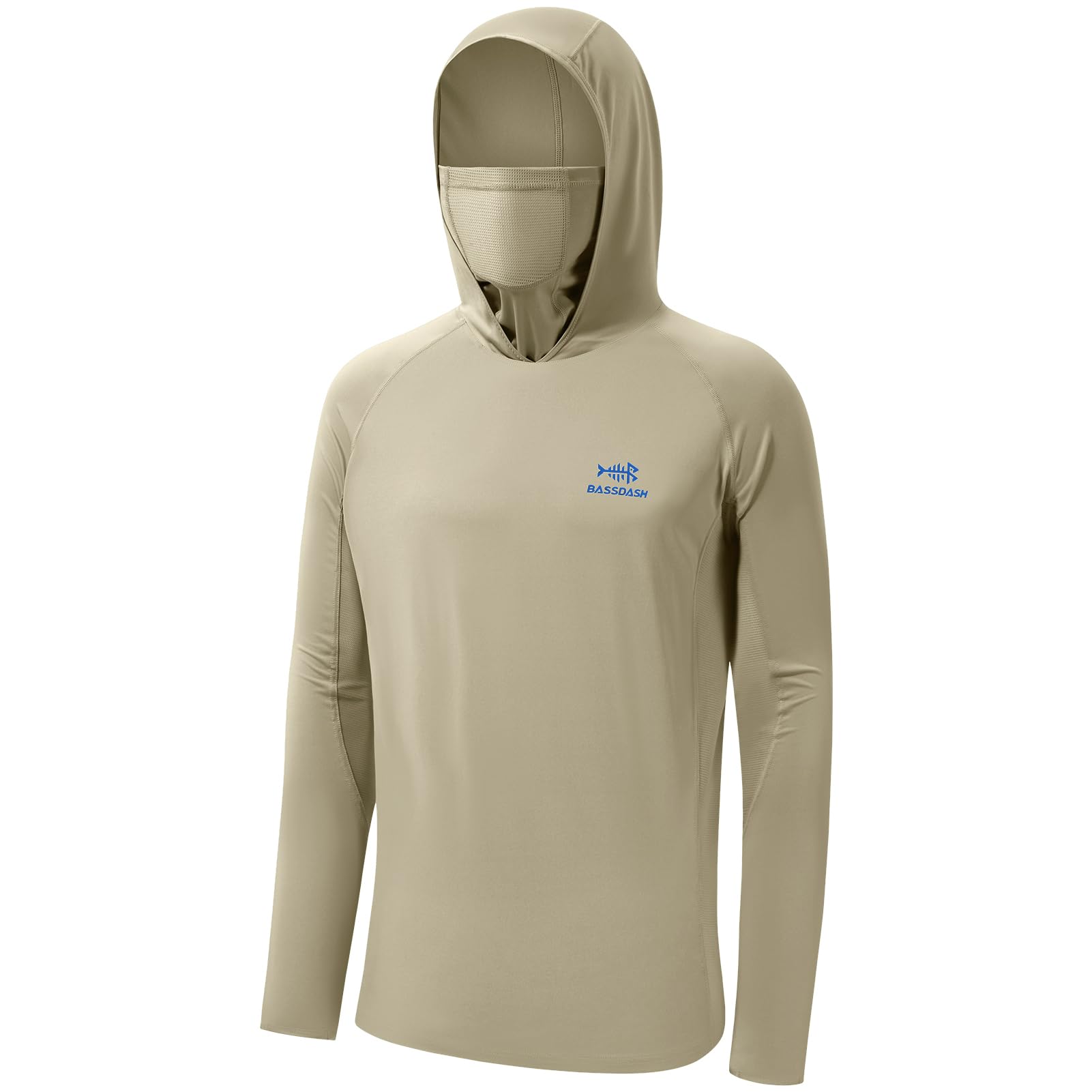 BASSDASH UPF 50+ Men’s Long Sleeve Fishing Shirt with Mask UV Neck Gaiter Hoodie Light Khaki Image