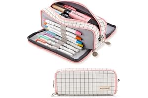 ANGOOBABY Large Pencil Case Big Capacity 3 Compartments Canvas Pencil Pouch for Teen Boys Girls School Students (Pink Strip Black Grid)