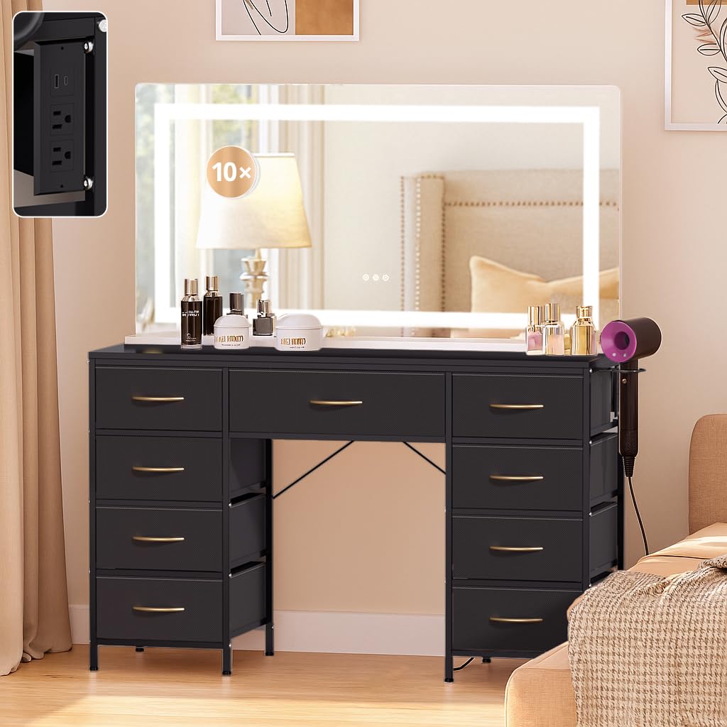 Photo 1 of ***MISSING MIRROR*** COMHOMA Vanity Desk with Large Mirror,LED and Power Outlet,Makeup Table with 9 Storage Drawersand HD Mirrors,3 Color Modes Adjustable Lighting for Bedroom Dressing Room (Black, 47inch)