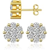 Delzzad Round Bling Cluster Moissanite Stud Earrings for Women Men, Hypoallergenic S925 Sterling Silver Earrings, D Color VVS Synthetic Moissanite, Diameter 9.9MM, 2.4CT, White/Gold
