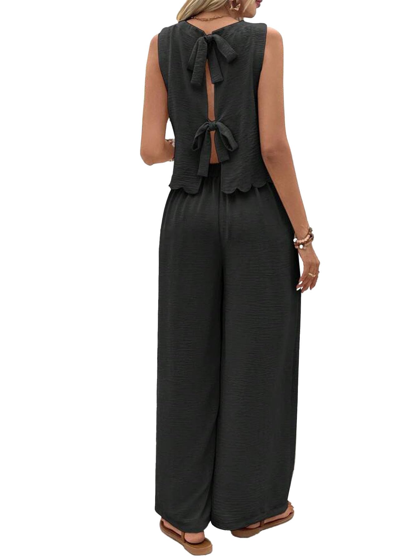 Photo 1 of Nimsruc Women's Summer Two Piece Sets With Back Tie Bow Top And Wide Leg Pants For Vacation Travel Lounge Outfits Black XL