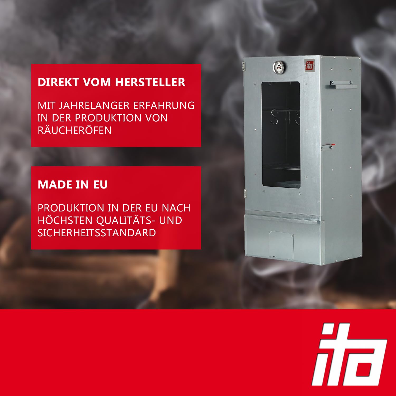 ITA Räucherofen 7000 - Premium Räucherschrank mit 3 Etagen - Legierter Stahl, mit Sichtfenster & Thermometer - EU Qualität Direkt vom Hersteller - Smoker zum Kalträuchern & Heißräuchern 2