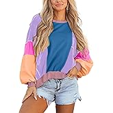 KevaMolly Womens Long Sleeve Tops Colorblock Patchwork Exposed Stitching Oversize Top Round Neck Casual Pullover