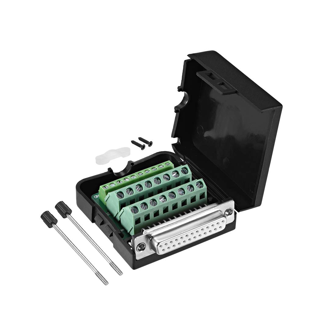 sourcing map D-sub DB25 Breakout Board Connector with Case 25 Pin 2 Row Female Port Solderless Terminal Block Adapter with Thumb Screws