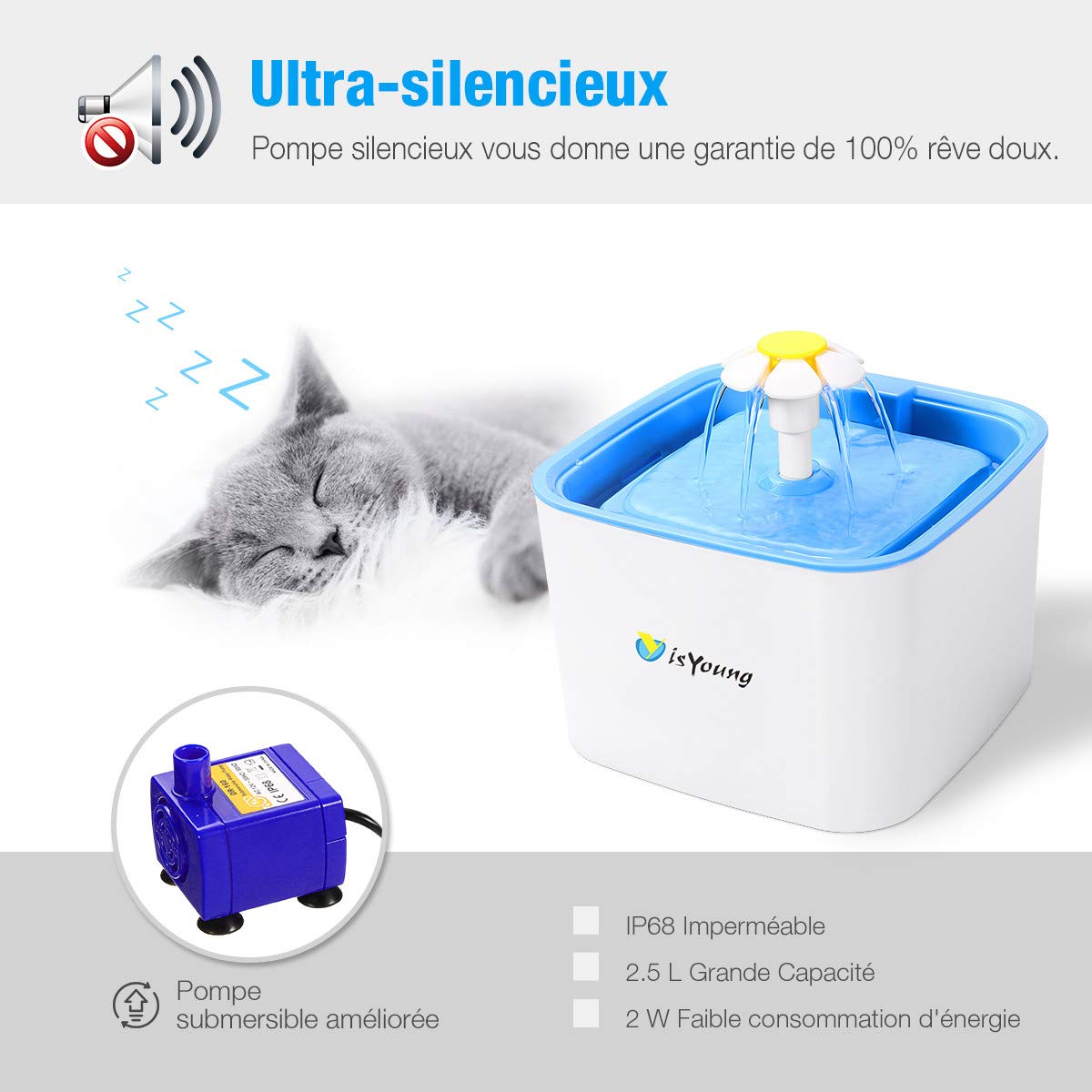 isYoung 2.5L Fontaine à Chat Chien Grande Capacité Fleur Automatique Électrique Silencieux avec 2pcs Filtre à Charbon Actif pour Les Animaux domestiques
