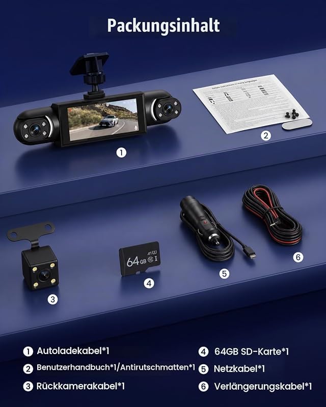 360° Dashcam Auto Vorne Hinten, 4 Kanal Dash Cam Auto Kamera FHD — Foto 6 von 6