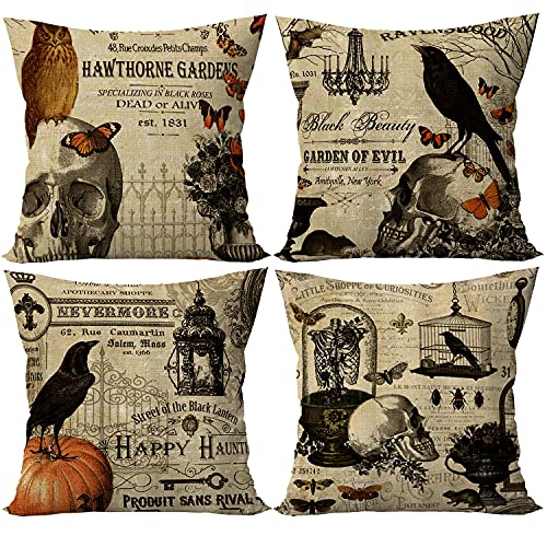 SIBOSUN Set of 4 Halloween Throw Pillow Covers 18x18 Inches for Owl/Crow/Pumpkin/Skull Halloween Decor Vintage Pillow Case Linen Square Cushion Covers for Sofa Couch Bed Home Outdoor Car