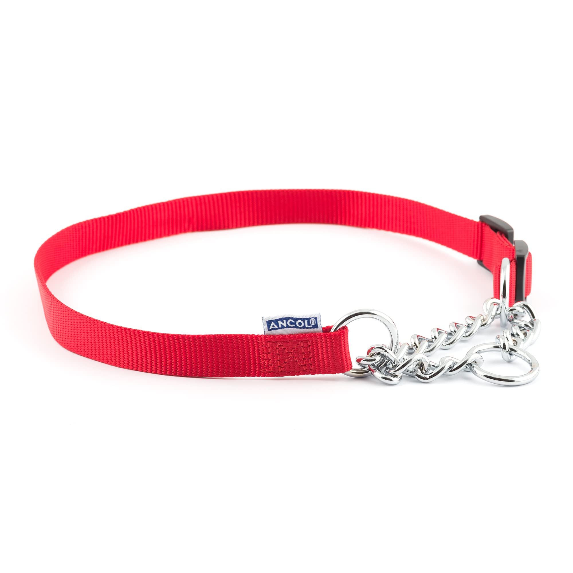 Ancol Heritage Nylon and Chain Check Dog Collar - Red Durable Training Accessory for Puppies and Dogs - 25-35cm Size 1-2