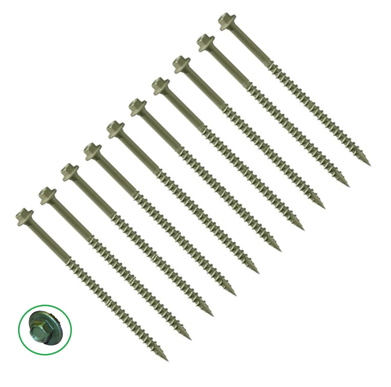 TERF® Heavy Duty Landscape Hex Washer Head Screws 7.0 X 140mm Hex Flanged Head Drive Green Finish Anti Corrosion Screws 7.0 X 140mm For Outdoor Timber Frame Construction Landscape Screw - Pack of 10