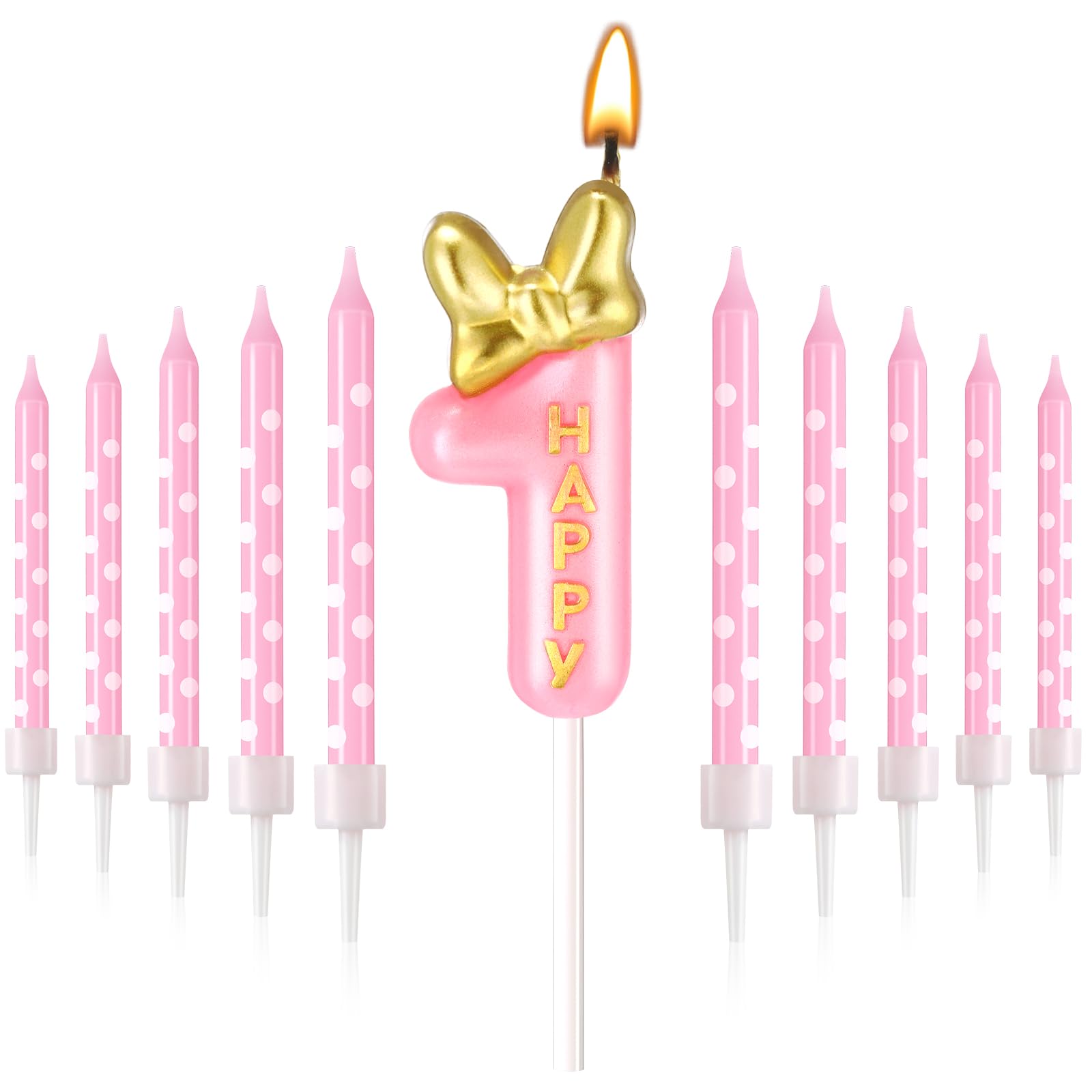 Photo 1 of Roowest 11 Pcs Birthday Candle Girl Pink Mouse Cake Topper Decorations for Girl 2/3 Years Old with White Dot Long Candles for Cake Topper Baking Decor Supplies (Number 1)