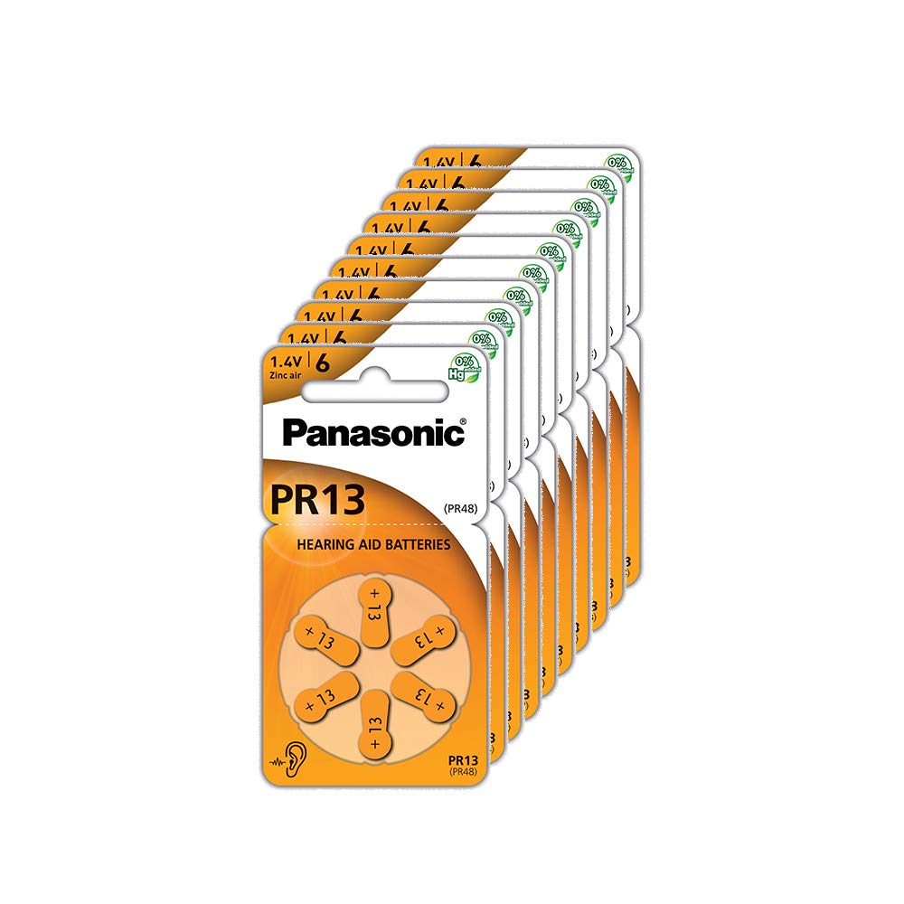 Panasonic PR13 Zinc Air batteries for hearing aids, type 13, 1.4V, hearing aid batteries, 10 packs (60 batteries) orange