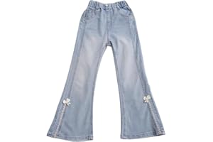 Girls Pull on Jeans Flower Embroidery Cute School Denim Pants with Pockets Kids Toddler Elastic High Waist Jeans Retro