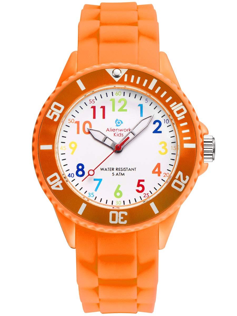 Alienwork Kids Children's Teacher Watch Girls Orange Silicone Strap Multi-Coloured Children's Kid Waterproof 5 ATM Learning Time