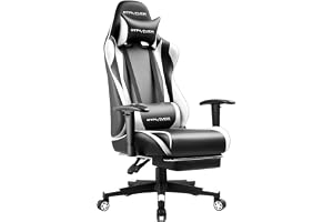 GTPLAYER Gaming Chair with Footrest, Ergonomic Computer Game Desk Chair, Reclining Gamer Chair Seat Height Adjustment, Swivel Rocker with Headrest and Lumbar (White)