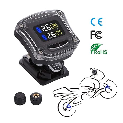 Autmor TPMS Reifendruckkontrollsystem Motorrad Reifendruckmesser Reifendruckprüfer mit 2 Sensor, LCD Display, Anti Diebstahl 