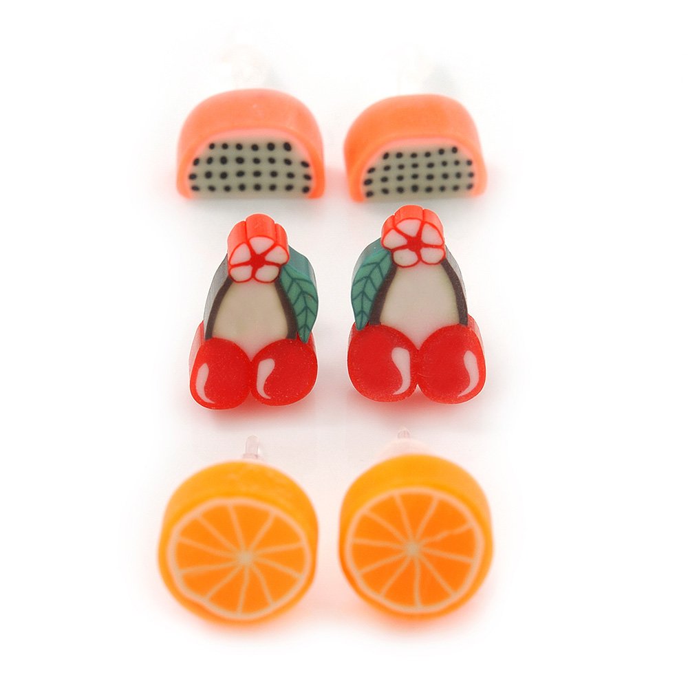 Children's/Teen's/Kid's Fimo Orange, Red/Green Cherry & Pink Guava Fruit Stud Earrings Set - 10mm Across