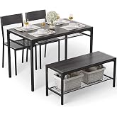Gizoon 4-Piece Dining Table Set for 4, Kitchen Table | Space-saving black 4-piece dinette set with metal storage rack. Includes 2 ergonomic chairs and 1 bench. Easy to clean.