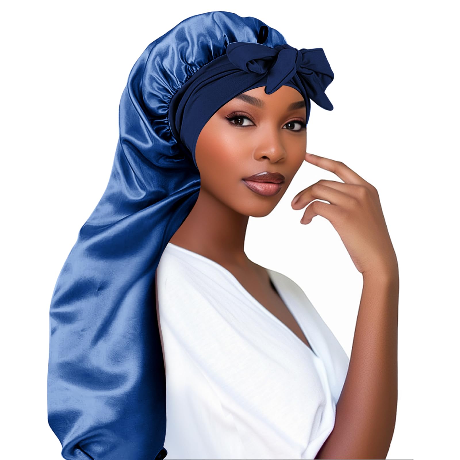 Adorila Extra Long Satin Bonnet for Women, Adjustable Braid Bonnet with Tie Band, Double Layer Elastic Silk Headwear, Navy Blue, One Size — image 1
