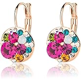 Multicolored Austrian Crystal Leverback Earrings for Women 14K Gold Plated Dangle Hoop Earrings Hypoallergenic Jewelry