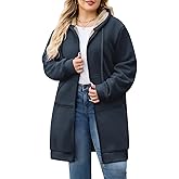 Wiepux Casual Zip Up Hoodie for Women, Long Tunic Fleece Jacket Plus Size Coat, Warm Winter Hooded Outerwear