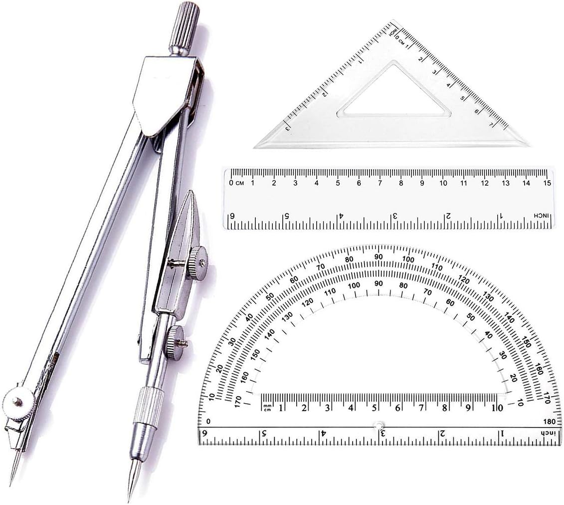 Geometry School Set,with Quality Compass, Drawing Compass,Protractor, Set Squares, (Silver, 4 pcs)