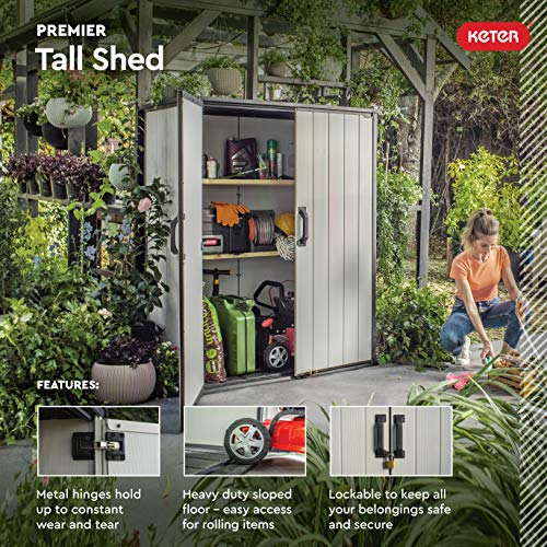 Keter Premier Tall Resin Outdoor Storage Shed with Shelving Brackets